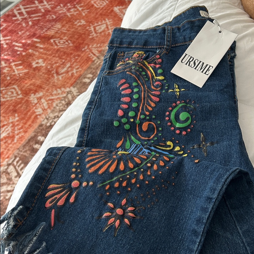 NWT URSIME Denim Blue Jeans w/Colorful Embroidery and Ankle Fraying Pockets